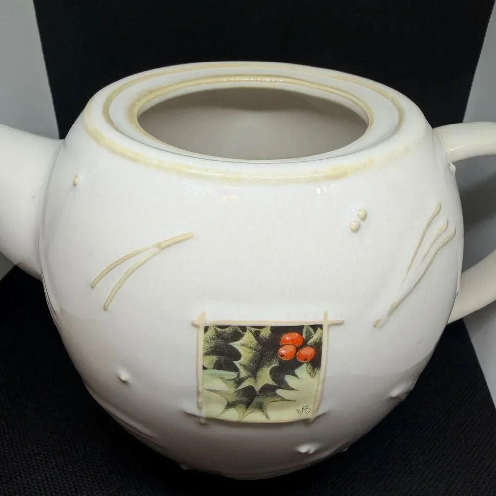 Marjolein Bastin Hallmark Ceramic Teapot Nature Sketchbook Holly Berry Vintage